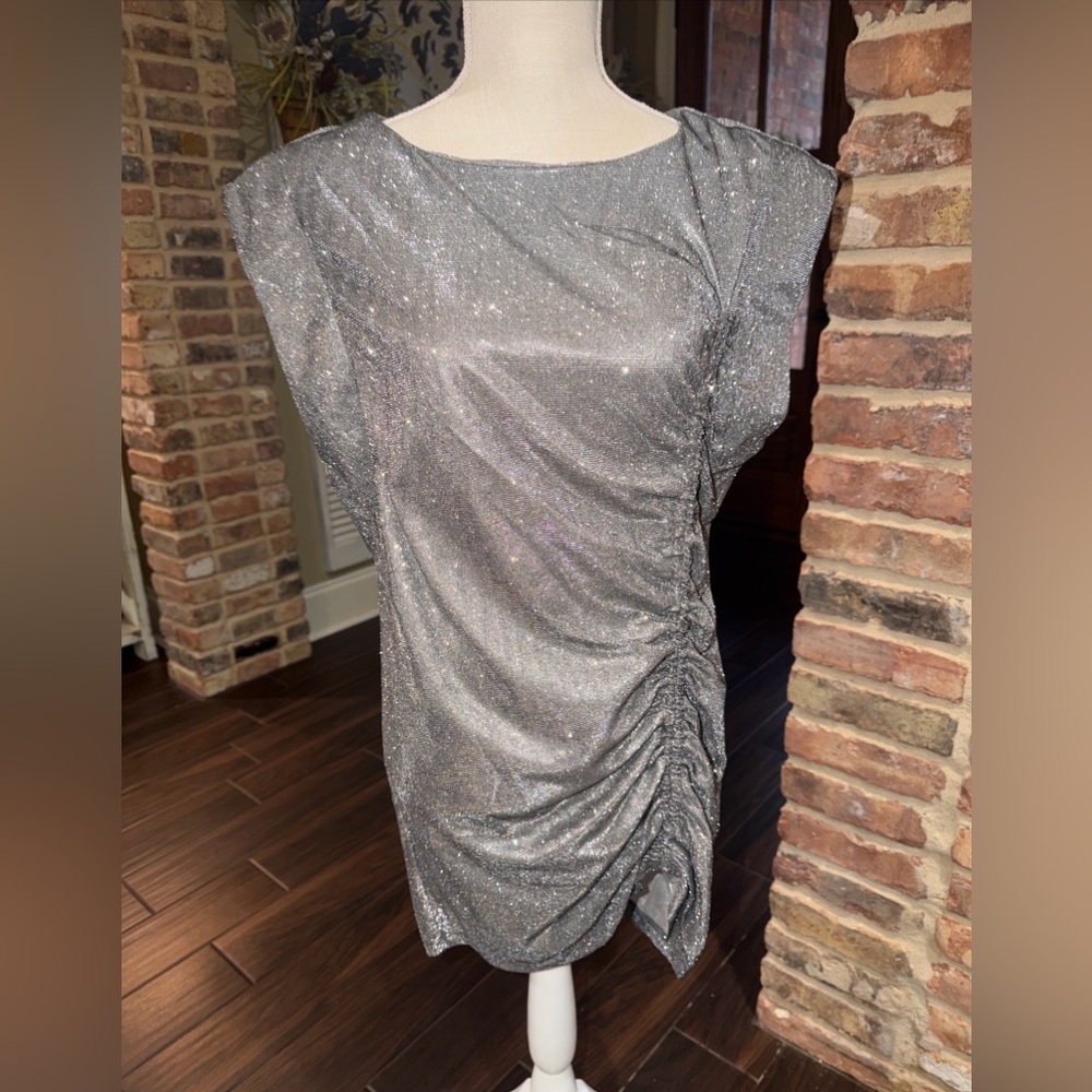Glam Silver Shiny Mini Dress Size M Party Shoulder Pad Glam Sleeveless New